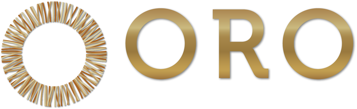ORO logo featuring a radiating gold circular graphic on the left and bold gold gradient text "ORO" on the right.