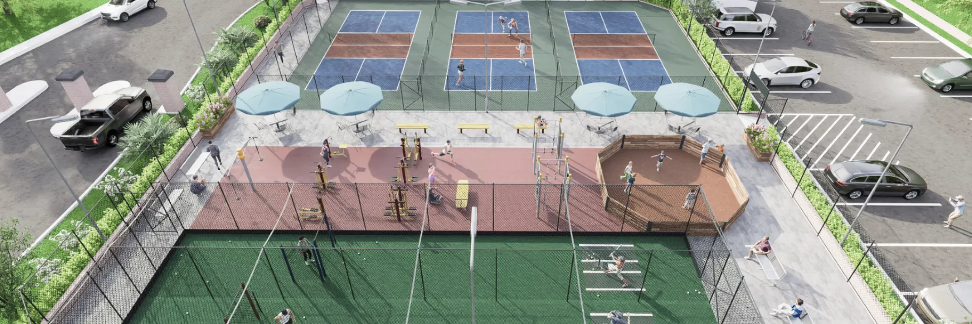 Aerial graphic of a recreational facility featuring pickleball courts, a green turf field, and outdoor fitness equipment.