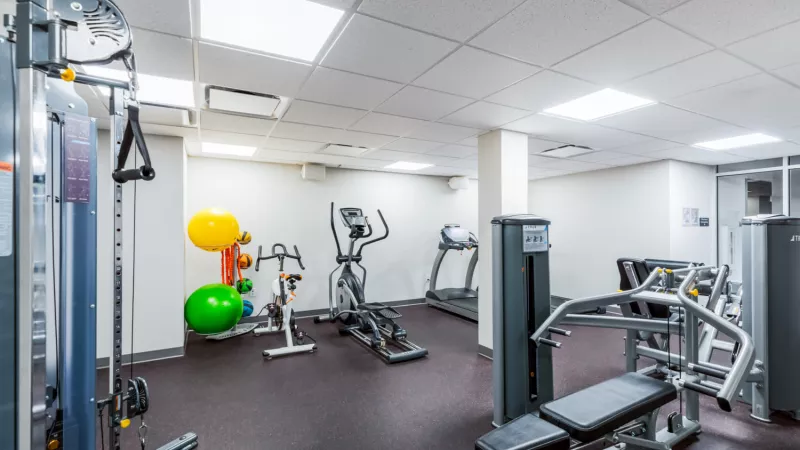 Bright, modern gym with various exercise equipment, including cardio machines, weight machines, and colorful exercise balls.