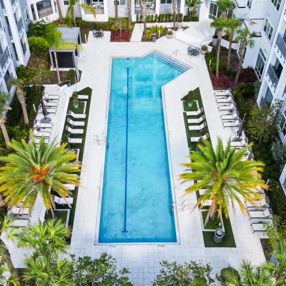 Aerial photograph of a luxurious apartment complex courtyard featuring a long blue swimming pool, sun loungers, and lush palm trees.