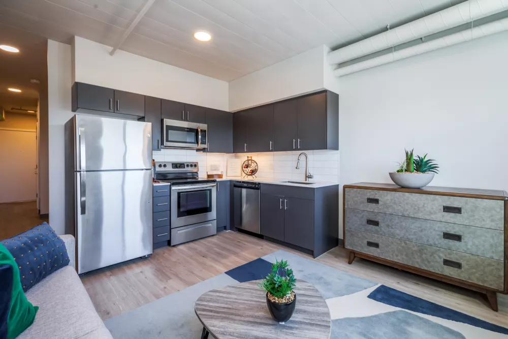 Modern studio apartment with dark gray kitchen cabinets, stainless steel appliances, and a living area featuring a blue rug.