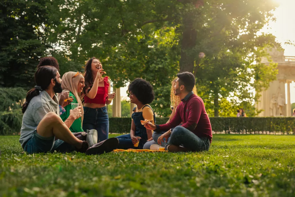 Diverse group of friends laugh and socialize on a sunny day picnic in a green park.