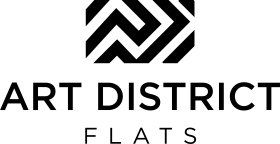 Logo: Art District Flats. Black geometric, interlocking pattern above the brand name.
