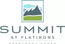 Logo for Summit at Flatirons Apartment Homes, featuring stylized blue and green mountains within a square above the text.