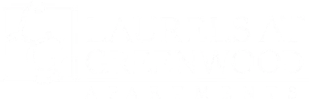 Logo for Laurels at Greenwood Apartments, featuring white text on a black background with a cursive 'LG' symbol.